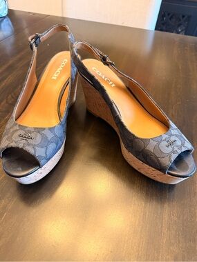 Coach Black Signature Peep-Toe Cork Wedge Sandals